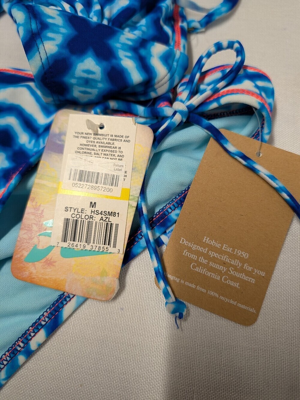 Hobie Blue Fringe Halter Bikini Swimsuit Size M NWT Tropical Wave Print Tie Side - Picture 7 of 8